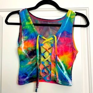 CUSTOM HANDMADE Eat. Sleep. Rave. Rainbow Tie Dye Lace Up Top